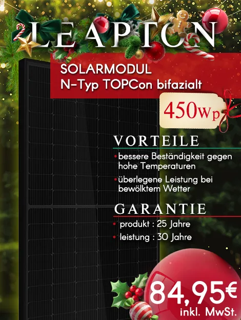 Bifacialer N-Typ-TOPCon-Solarmodul 450 Wp. Leerlaufspannung: 39,68 V, maximale Leistung: 32,87 V. Produktgarantie: 25 Jahre, Leistungsgarantie: 30 Jahre. Preis: 84,95 € inkl. MwSt.